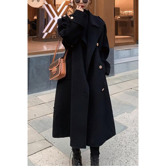 Women's Black Winter Double Breasted Midi Wool Coat Notch Lapel Winter Trench - Picture 3 of 5